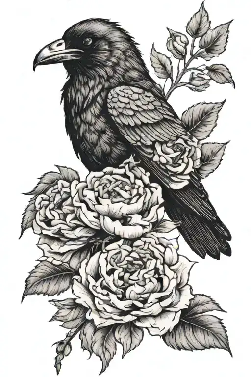 A Raven With A Peony Branch In Its Beak