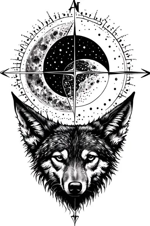 Lone Wolf Compass Under Sun And Moon Solar Eclipse Arrown Line On Back Spine