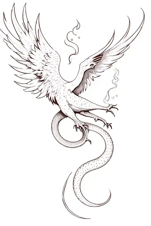 Phoenix Smoking And Snaking Acorss Upper Thigh Tattoo With A Longer Firey Tail In Black And White