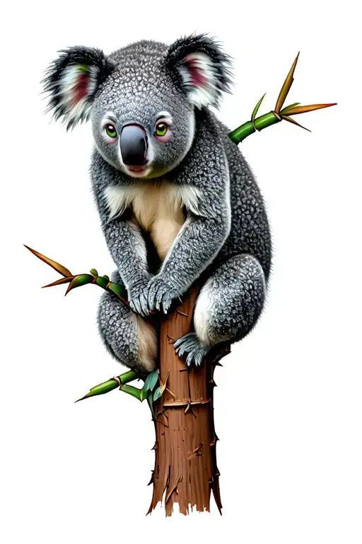 Koala Bear With Green Eyes Attached To Tree With Bamboo