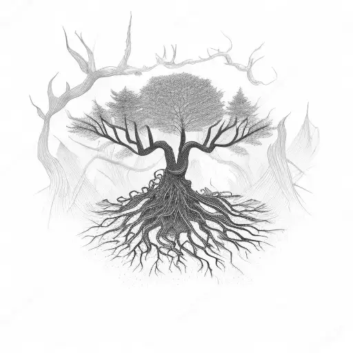 A Dead Tree With Roots But With Plantlife Springing Up Around It