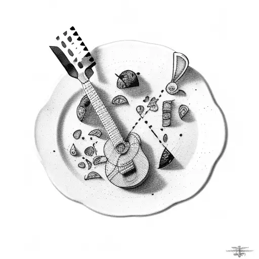 A Plate Of Food With A Guitar Pick As A Utensil