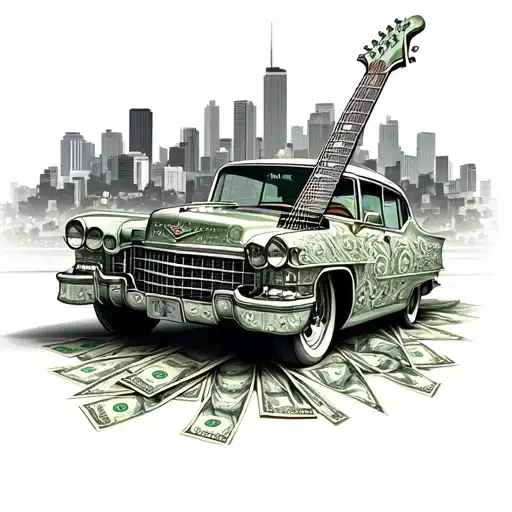 An Electric Guitar Made Out Of Money With A Cadillac Driving Through Los Angeles In The Background