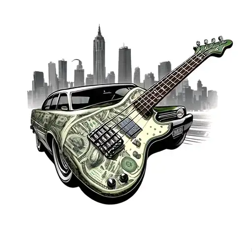 An Bass Guitar Made Out Of Money With A Cadillac Driving Through Los Angeles In The Background