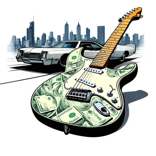 An Electric Guitar Made Out Of Money With A Cadillac Driving Through Los Angeles In The Background