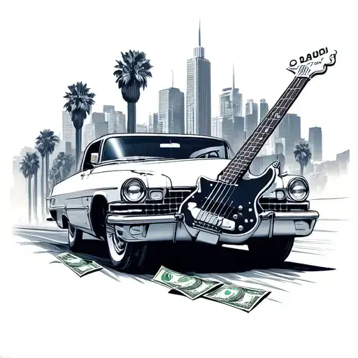 An Bass Guitar Made Out Of Money With A Old Cadillac Driving Through Los Angeles In The Background