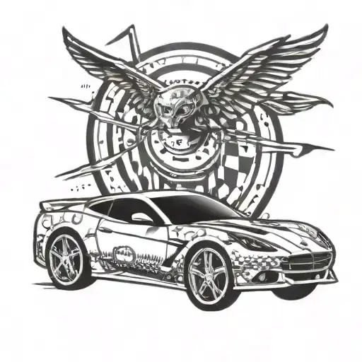 A Detailed Tattoo Of A High-speed Sport Car With Musical Notes Flowing Around It