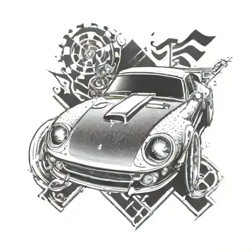 A Detailed Tattoo Of A High-speed Sport Car With Musical Notes Flowing Around It