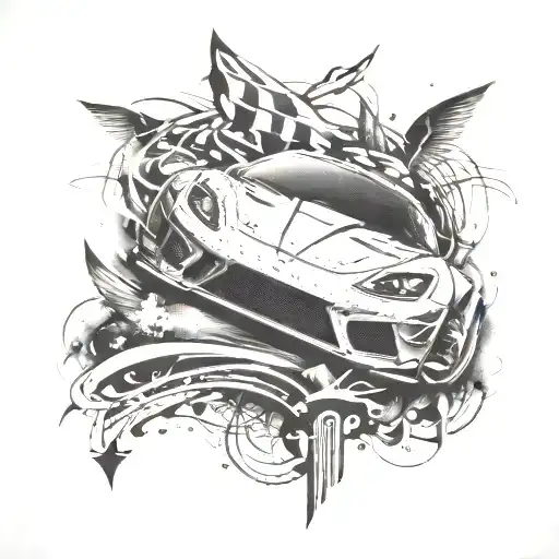 A Detailed Tattoo Of A High-speed Sport Car With Musical Notes Flowing Around It