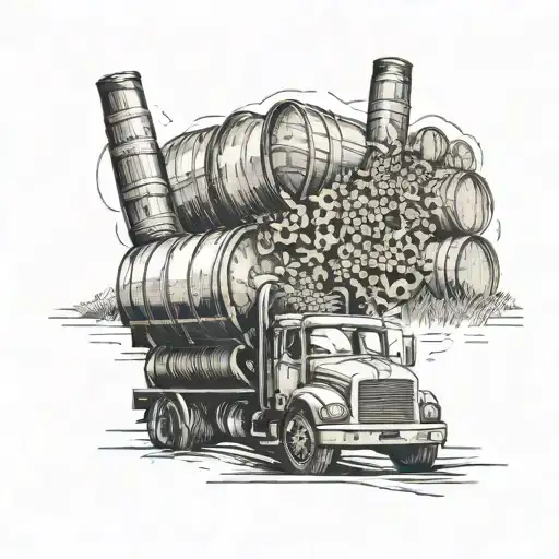 A Detailed Tattoo Of A Truck Hauling Barrels Of Beer Through A Scenic Countryside