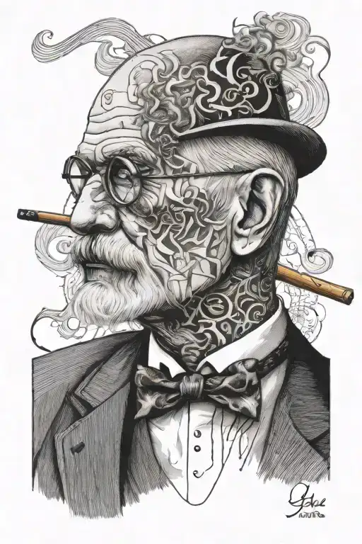 A Tattoo Combined Sigmund Freud Smoking And Electro Guitar