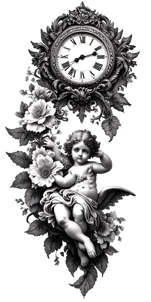 Classical Art Tattoo Design Featuring Cherub Flowers & Clock