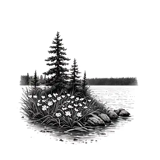 Lake Superior Shoreline With Narcissus Flowers And Pine Trees