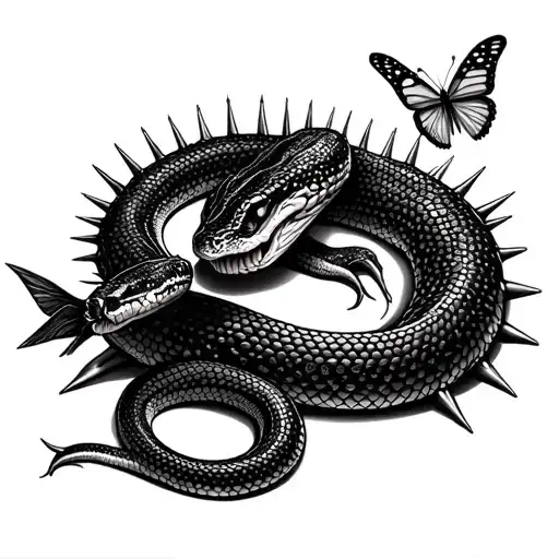 Snake Pierced By Spikes Fly Nearby Butterflies