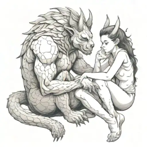 A Drawing Of A Girl Comforting A Demon Beast Sitting Side By Side