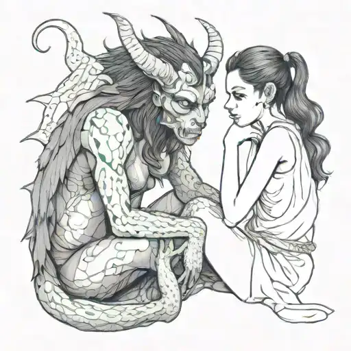 A Drawing Of A Dark Haired Girl Qith Green Eyes Comforting A Sad Demon Beast Sitting Side By Side