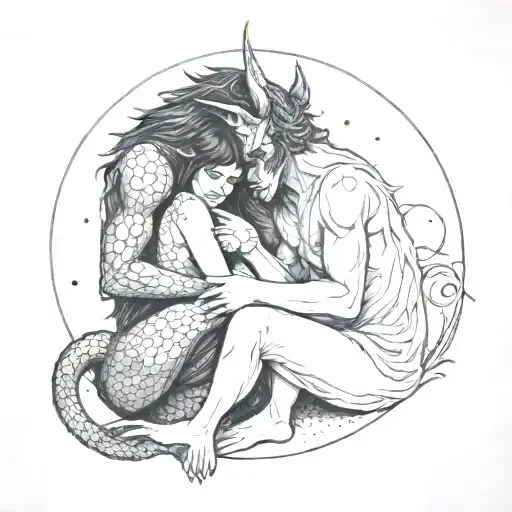 A Drawing Of A Dark Haired Comforting A Sad Demon Beast Sitting Side By Side With A Moon