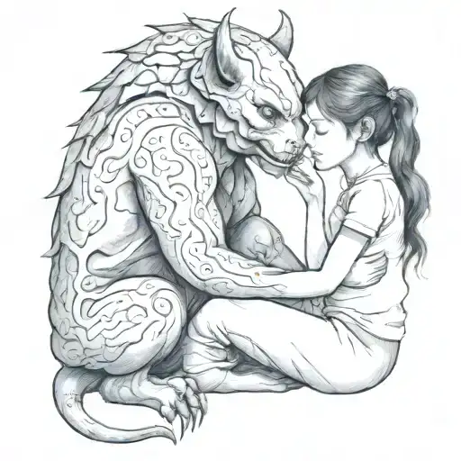 A Drawing Of A Petite Beautiful Girl Comforting A Sad Demon Beast Sitting Side By Side