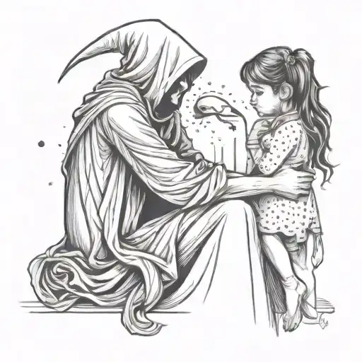 A Drawing Of A Petite Beautiful Girl Comforting A Sad Reaper Sitting Side By Side