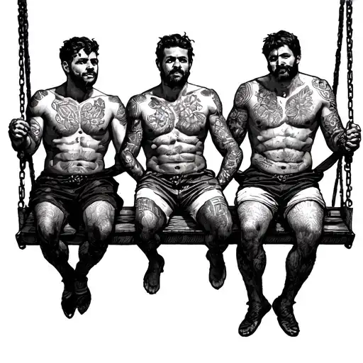 Three Men Sitting On A Swing