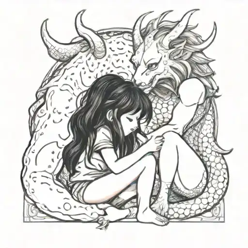 A Girl And A Demon Beast Sitting Side By Side Holding Hands