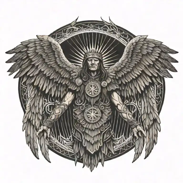 A Plains Native Warrior With His Arms Outstretched With His Arm Morphing Into Eagle Wings