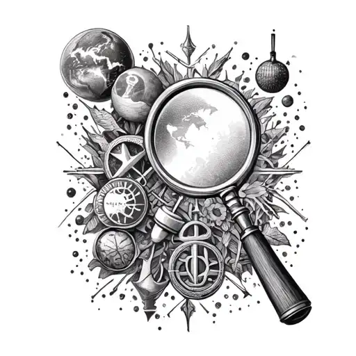 Create A Tattoo Of A Magnifying Glass Surrounded By Various Symbols Of Curiosity And Exploration