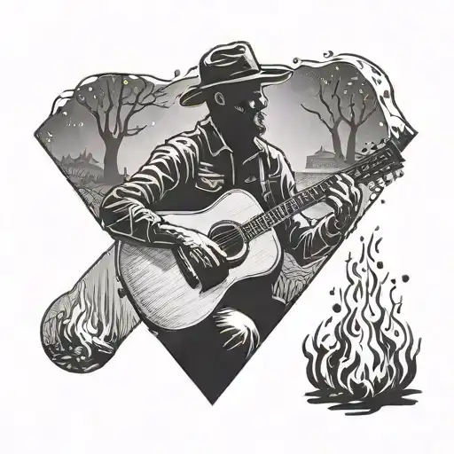 A Bonfire Scene With A Silhouette Of A Person Playing An Acoustic Guitar By The Fire