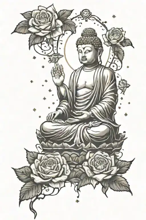 A Mystical Afterlife Scene With Buddha Guiding Souls Through A Field Of Roses Under A Starlit Sky
