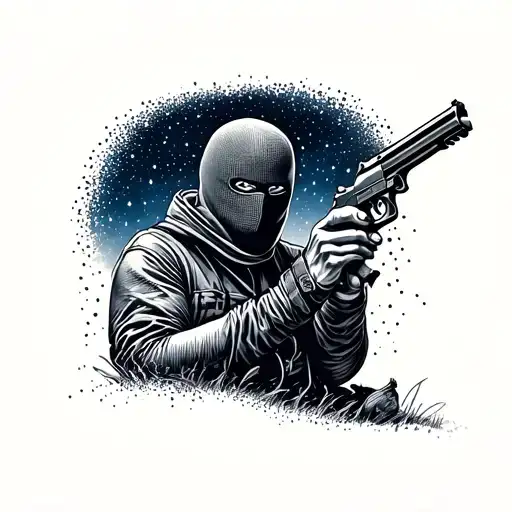 A Dotwork Tattoo Of A Person Wearing A Ski Mask And Holding A Gun Under A Starry Night Sky