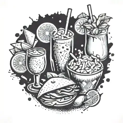 A Party Scene With Mexican Food And Drinks In A Glass-like Style