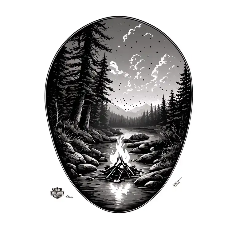 Harley Davidson Next To A Camp Fire By A Creek In A Forest