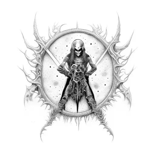 An Intricate Dotwork Tattoo Of A Heavy Metal Album Cover Merged With Harry Potter Elements