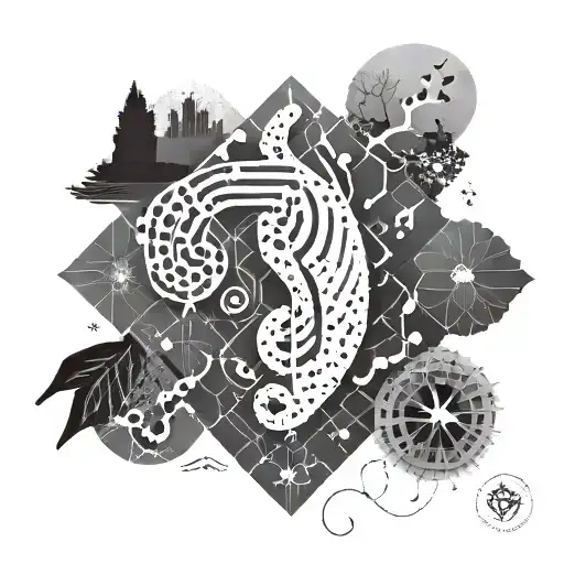 A Geometric Design Incorporating Musical Notes And Animal Silhouettes