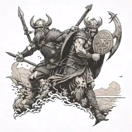 A War Scene With Viking Gods Overlooking The Battlefield