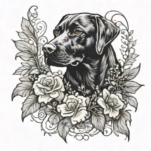 Art Nouveau Style Black Hunting Labrador Surrounded By Flowers And Vines Elegant