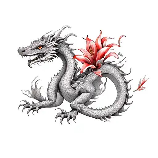 Dragon With Red Lily Black And White