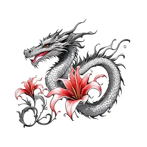 Dragon With Red Lily Black And White