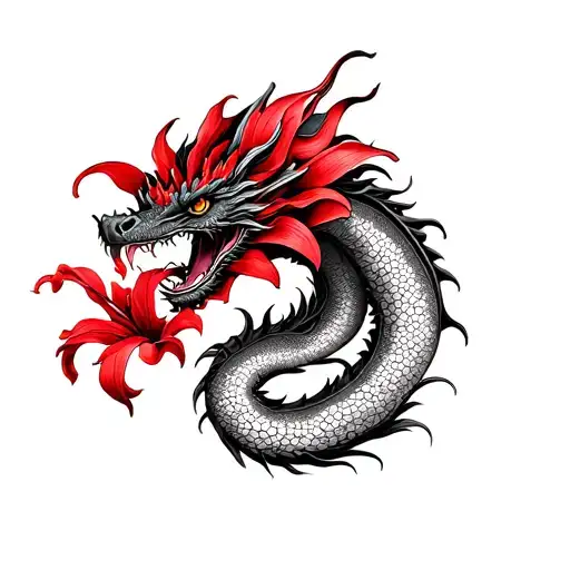 Dragon With Red Lily Black And White
