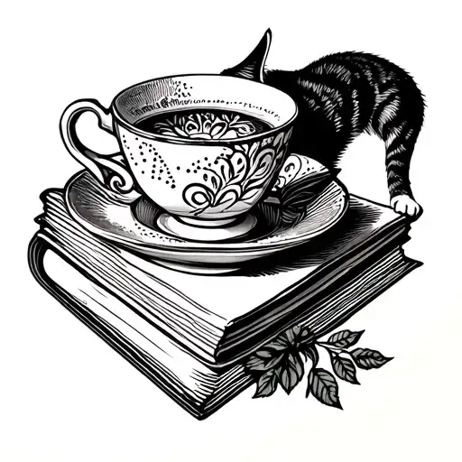 Tea Cup Sitting On A Book With A Cat