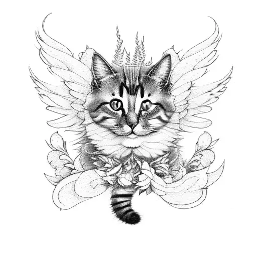 Big Flowers And A Small Cat With Wings And Moon Behind Him