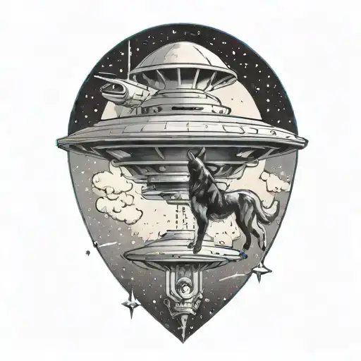 A Dog And Woman Being Lifted Up Into A Ufo Hovering