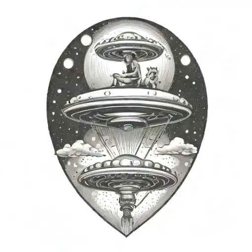 A Dog And Woman Being Lifted Up Into A Ufo Abducting
