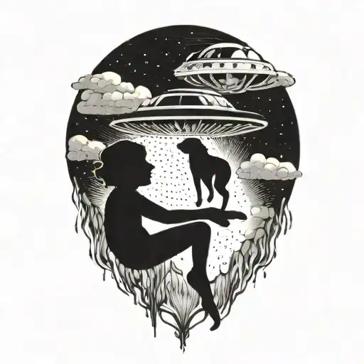 Silhouette Of A Dog And Woman Being Lifted Up Into A Ufo Abducting