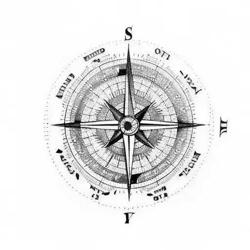 A Dotwork Tattoo Of A Land Surveyor's Compass Surrounded By Detailed Map Elements
