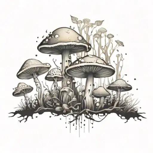 An Intricate Tattoo Design Of A Mushroom Forest With Hidden Shapes And Patterns For A Crafty Touch