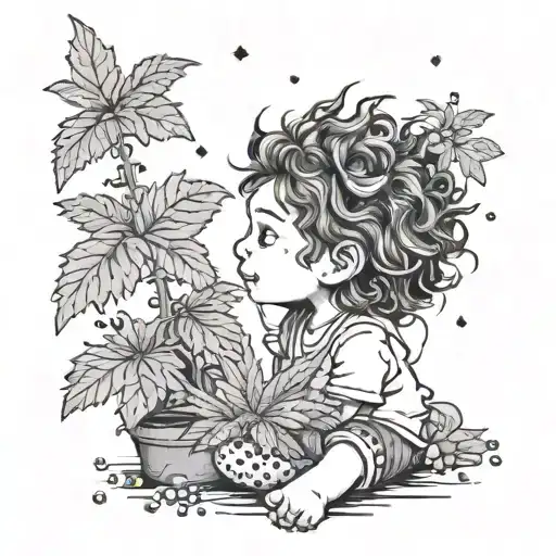 A Whimsical Design Featuring A Child Playing With A Marijuana Plant And A Pile Of Cocaine