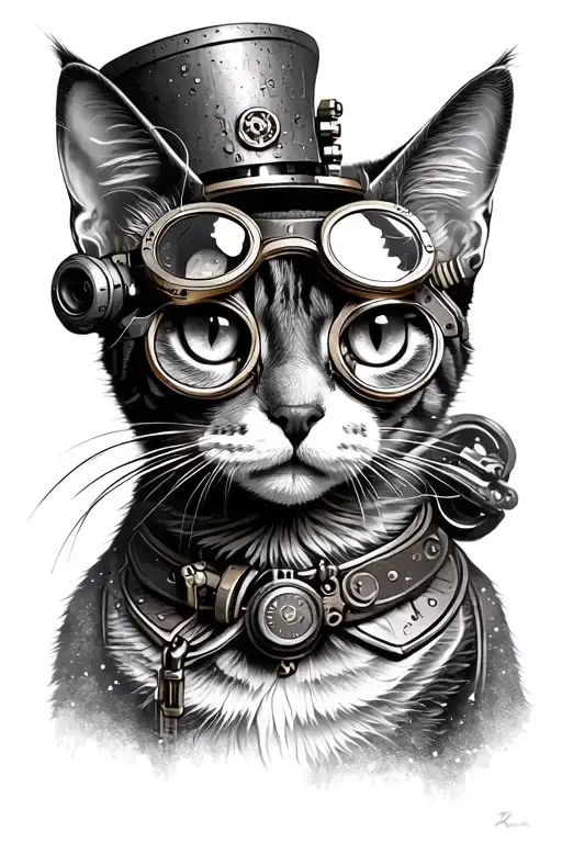 Steampunk Cat With Goggles Tattoo Black Work Line Work Simple Lines With Small Amount Of Shading