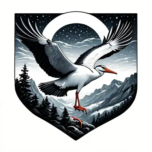 Stork Flying Over The Mountains In The Night