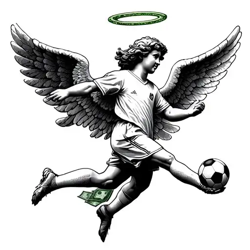 An Angel Playing Soccer With A Halo Made Of Money Above Their Head